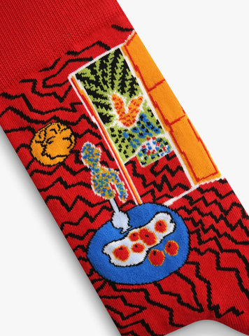 Intérieur rouge, nature morte sur table bleue