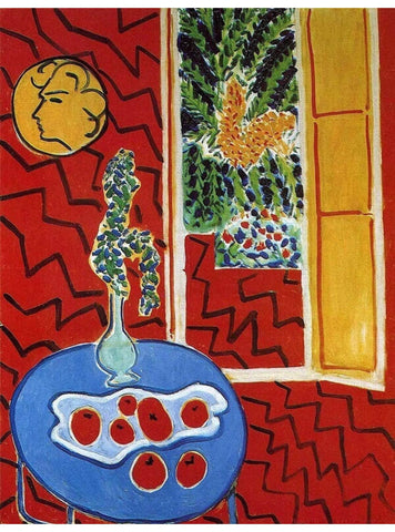 Intérieur rouge, nature morte sur table bleue
