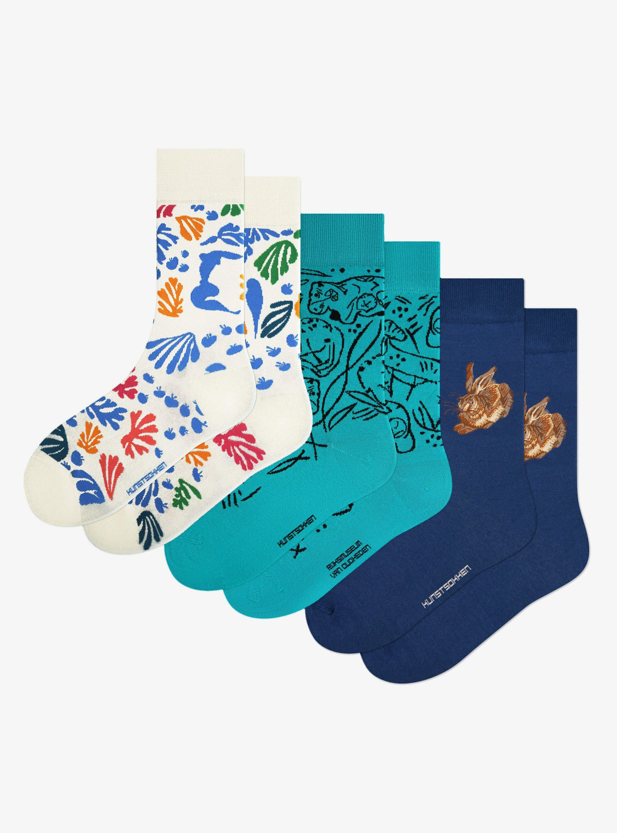 Animaux dans l'Art 3-Pack de Kunstsokken : chaussettes La Perruche et la Sirène, Statuette d'Hippopotame Debout et Le Lièvre côte à côte