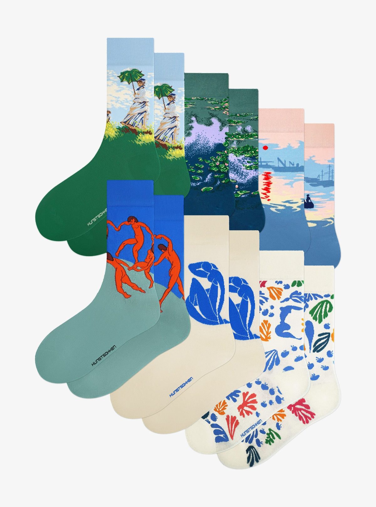 Maîtres Français Pack de 6 de Kunstsokken : chaussettes La Promenade, Les Nymphéas, Impression, soleil levant, La Danse, Nu Bleu et La Perruche et la Sirène