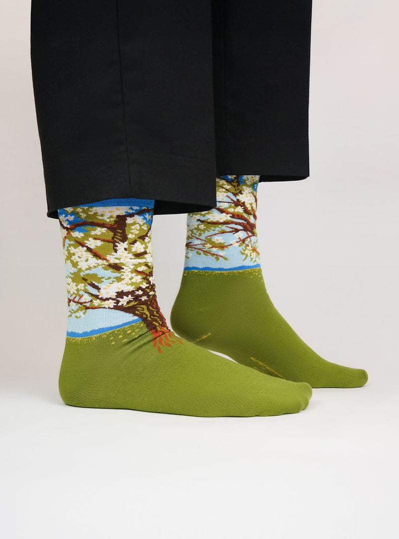 Beemster, bloeiende boom sokken van Charley Toorop, uit de collectie van Museum MORE, gedragen