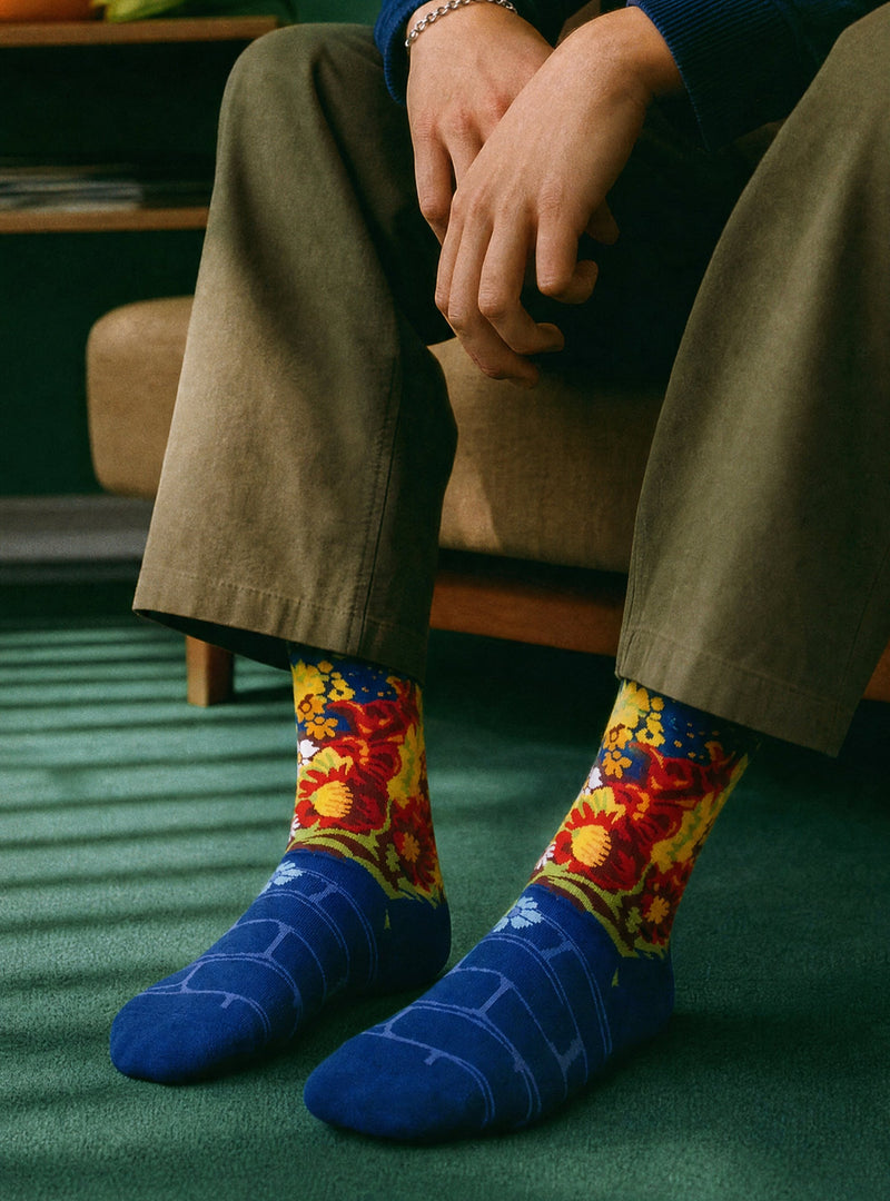 Vaas met bloemen tegen muur sokken van Charley Toorop, uit de collectie van Museum MORE, gedragen