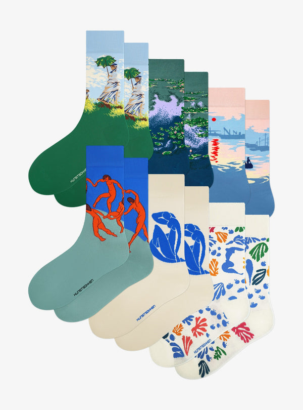 Maîtres Français Pack de 6 de Kunstsokken : chaussettes La Promenade, Les Nymphéas, Impression, soleil levant, La Danse, Nu Bleu et La Perruche et la Sirène