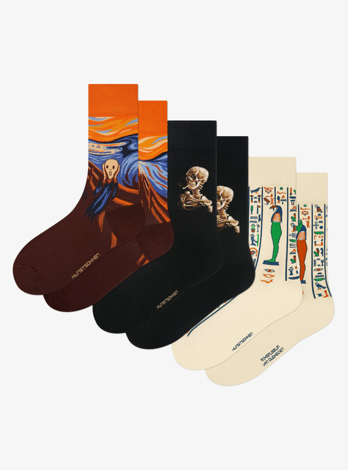 Chefs-d'œuvre Effrayants 3-Pack de Kunstsokken : chaussettes Le Cri, Crâne d'un Squelette avec une Cigarette Allumée et Fils d'Horus côte à côte