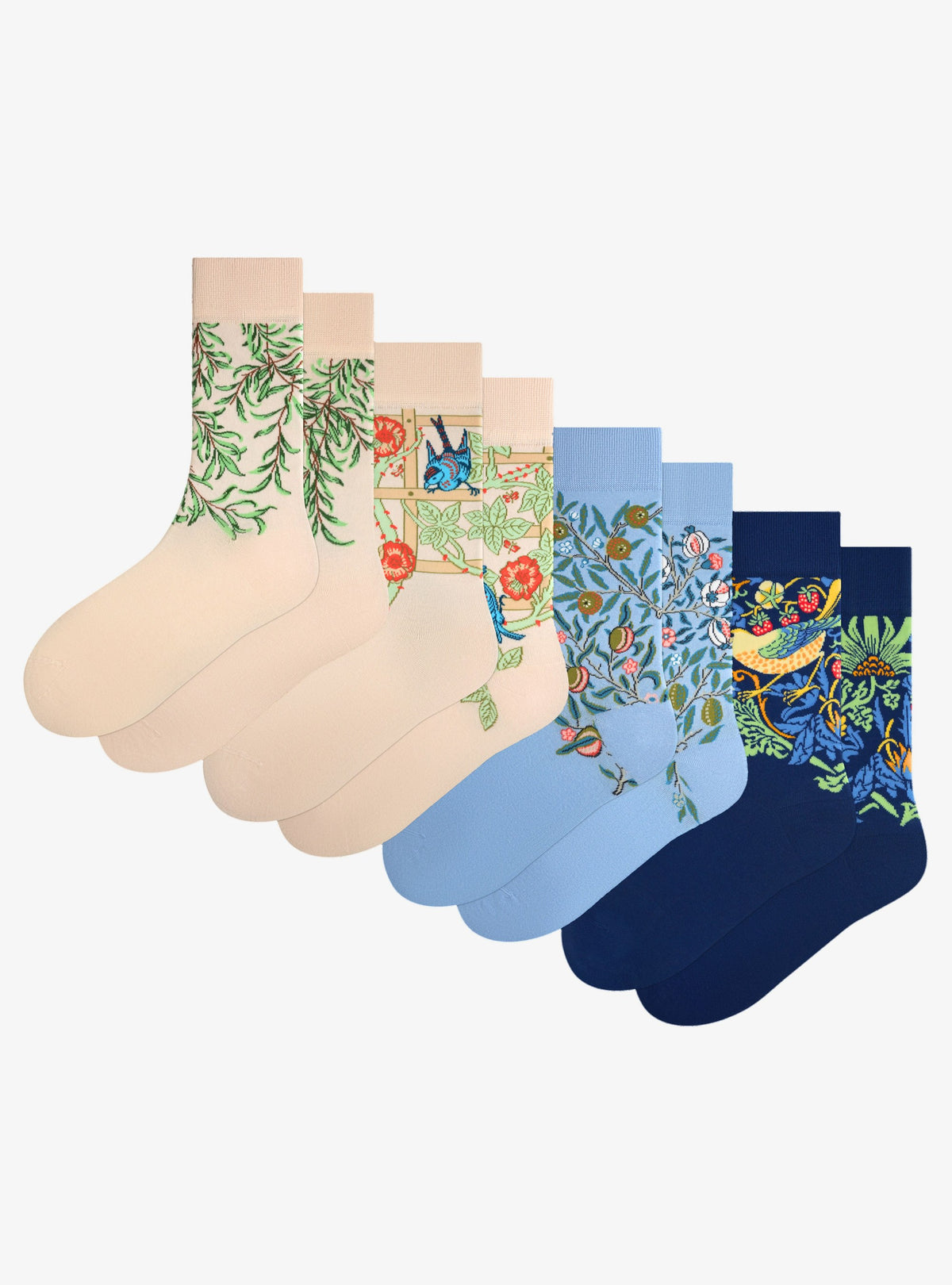 Collection William Morris 4-Pack de Kunstsokken : chaussettes Willow Bough, Trellis, Pomegranate et Strawberry Thief côte à côte